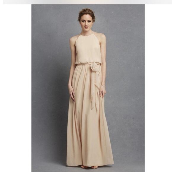 BHLDN Dresses & Skirts - BHLDN Donna Morgan Blush Alana Sleeveless High Neck Tie Waist Formal Gown Size 2